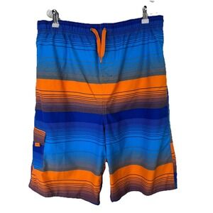 First Wave Swim Trunks Men 18/20 Striped Blue Orange Lined Draw String Waist
